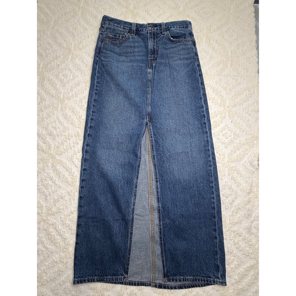 Levis Premium High Waisted Front Slit Denim Maxi Skirt Medium Wash 25 A7512-0005